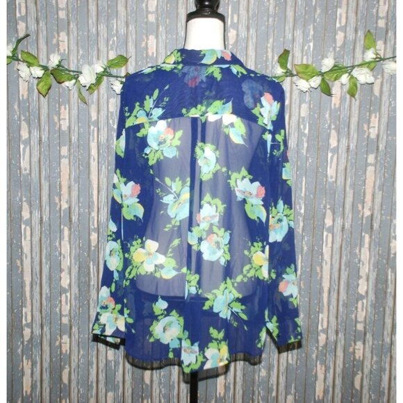 Liz Claiborne Women's Blue Floral Sheer Blouse Top Plus Size 1X V-Neck Long Slee - Picture 5 of 7
